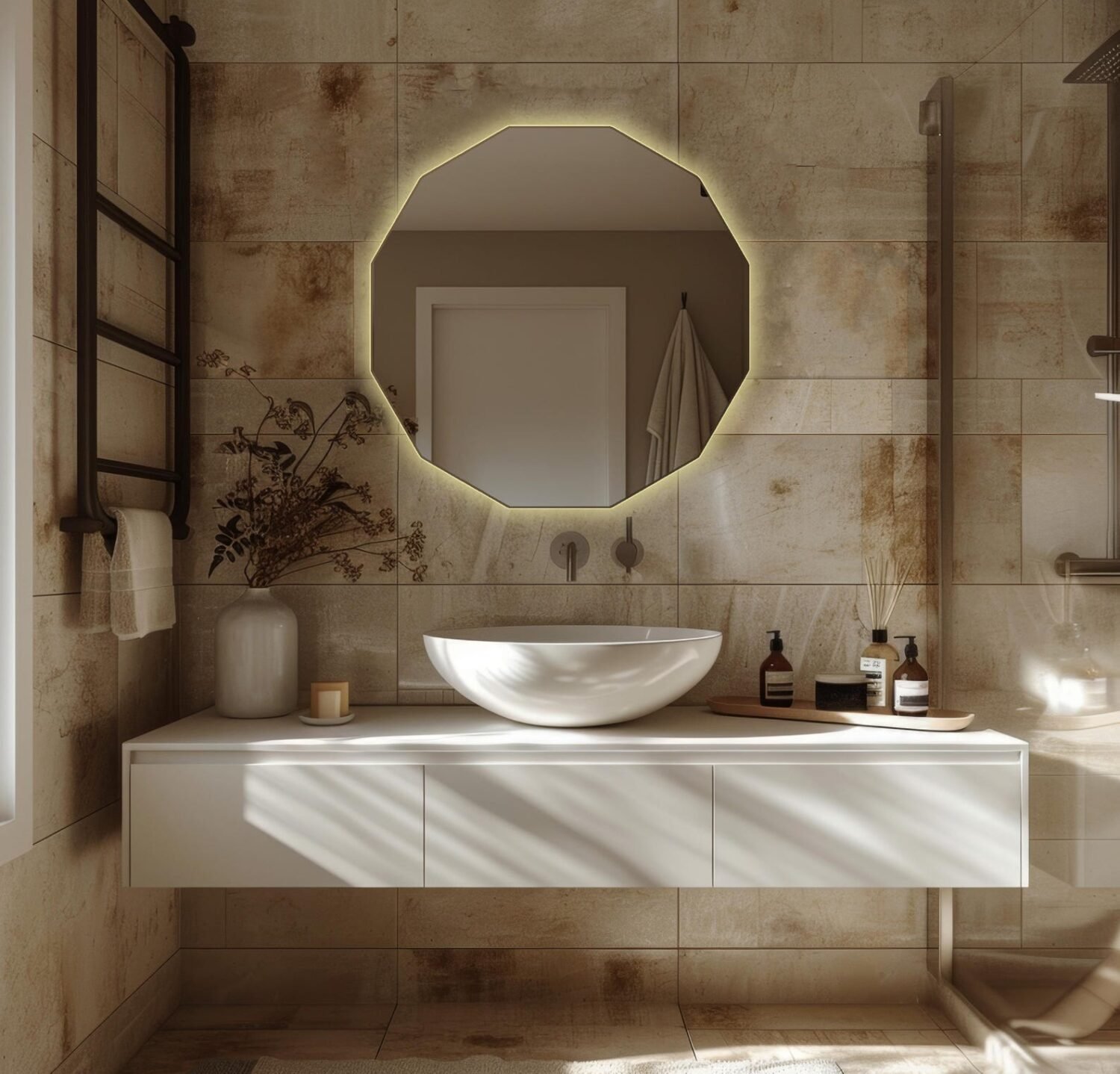asymmetric mirror - modern mirror with LED backlight - bathroom mirror with LED light - wall LED mirror / Led İrregular bathroom mirror