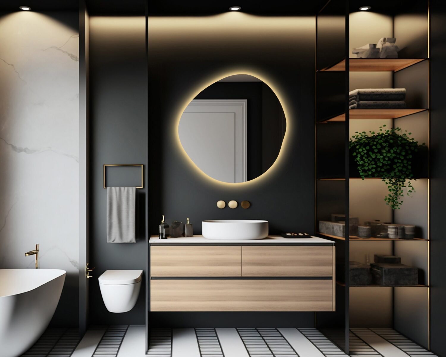 Asymmetrical Bathroom Mirror With Led Lights, RGB Led Vanity Mirror, Irregular Lighted Mirror, Illuminated Large Wall Mirror, Backlit Mirror