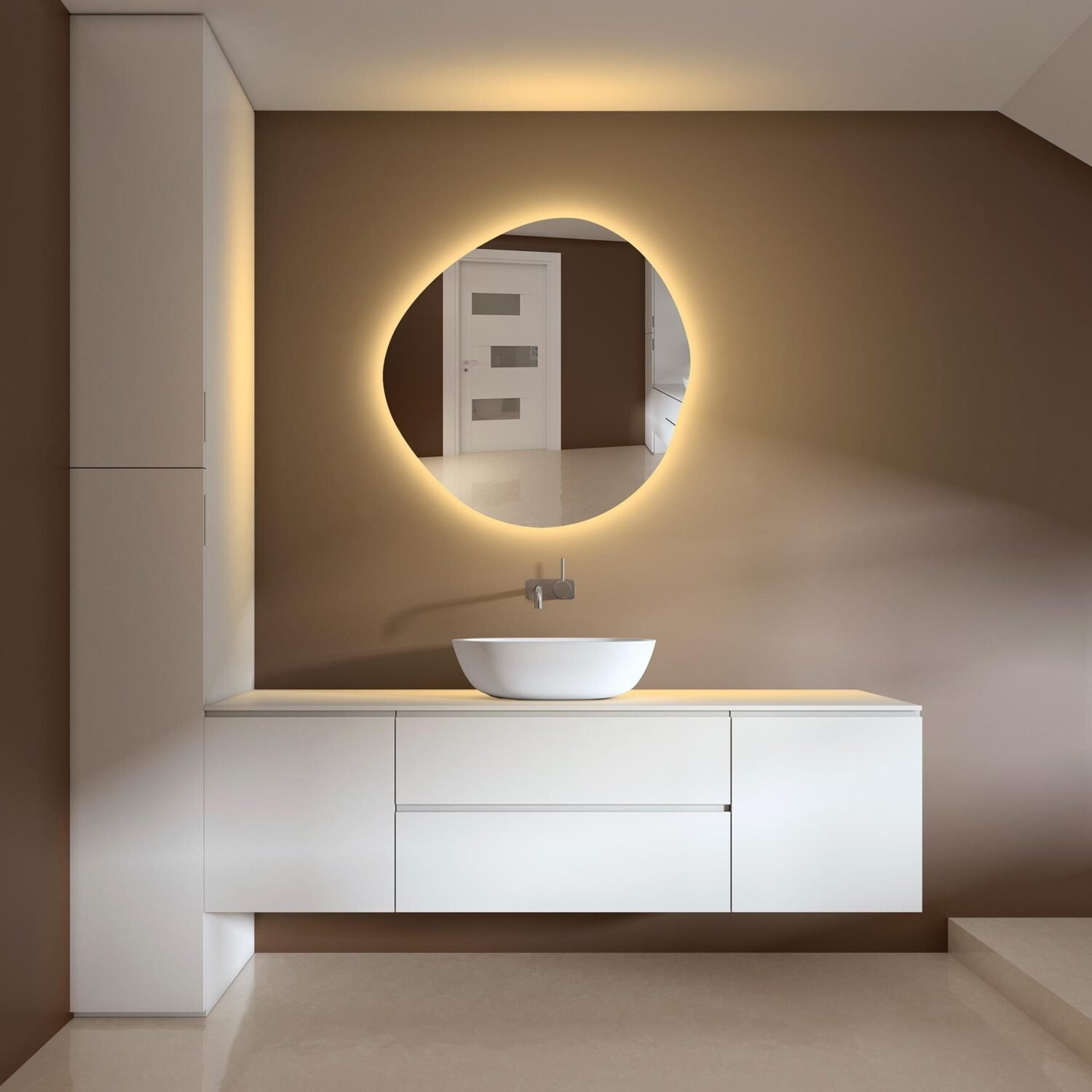 Asymmetrical Bathroom Mirror With Led Lights, RGB Led Vanity Mirror, Irregular Lighted Mirror, Illuminated Large Wall Mirror, Backlit Mirror