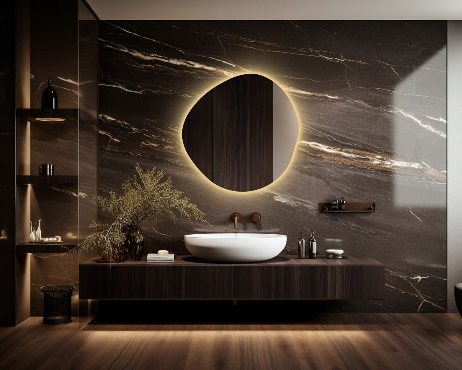 Asymmetrical Bathroom Mirror With Led Lights, RGB Led Vanity Mirror, Irregular Lighted Mirror, Illuminated Large Wall Mirror, Backlit Mirror