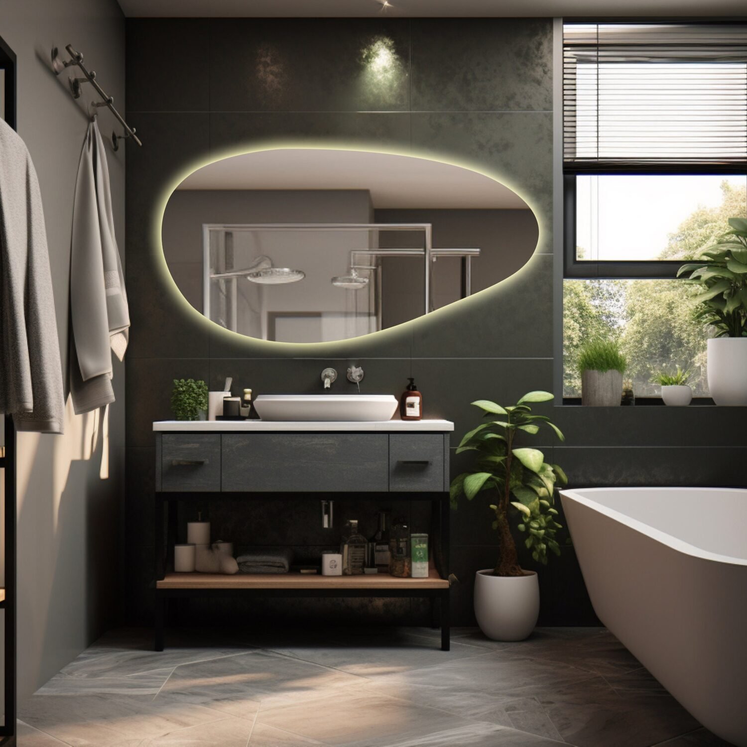 Full length LED illuminated bathroom mirror - backlit modern mirror - asymmetrical illuminated mirror - irregular mirror - aesthetic mirror