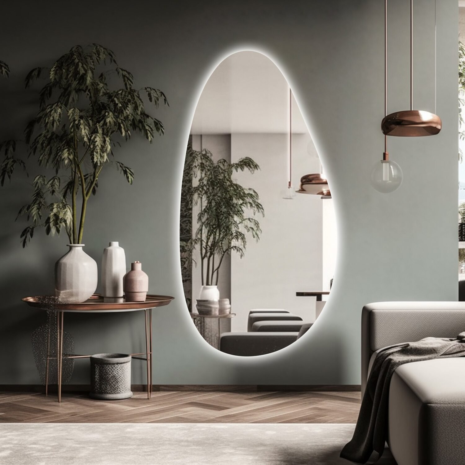 Full length LED illuminated bathroom mirror - backlit modern mirror - asymmetrical illuminated mirror - irregular mirror - aesthetic mirror