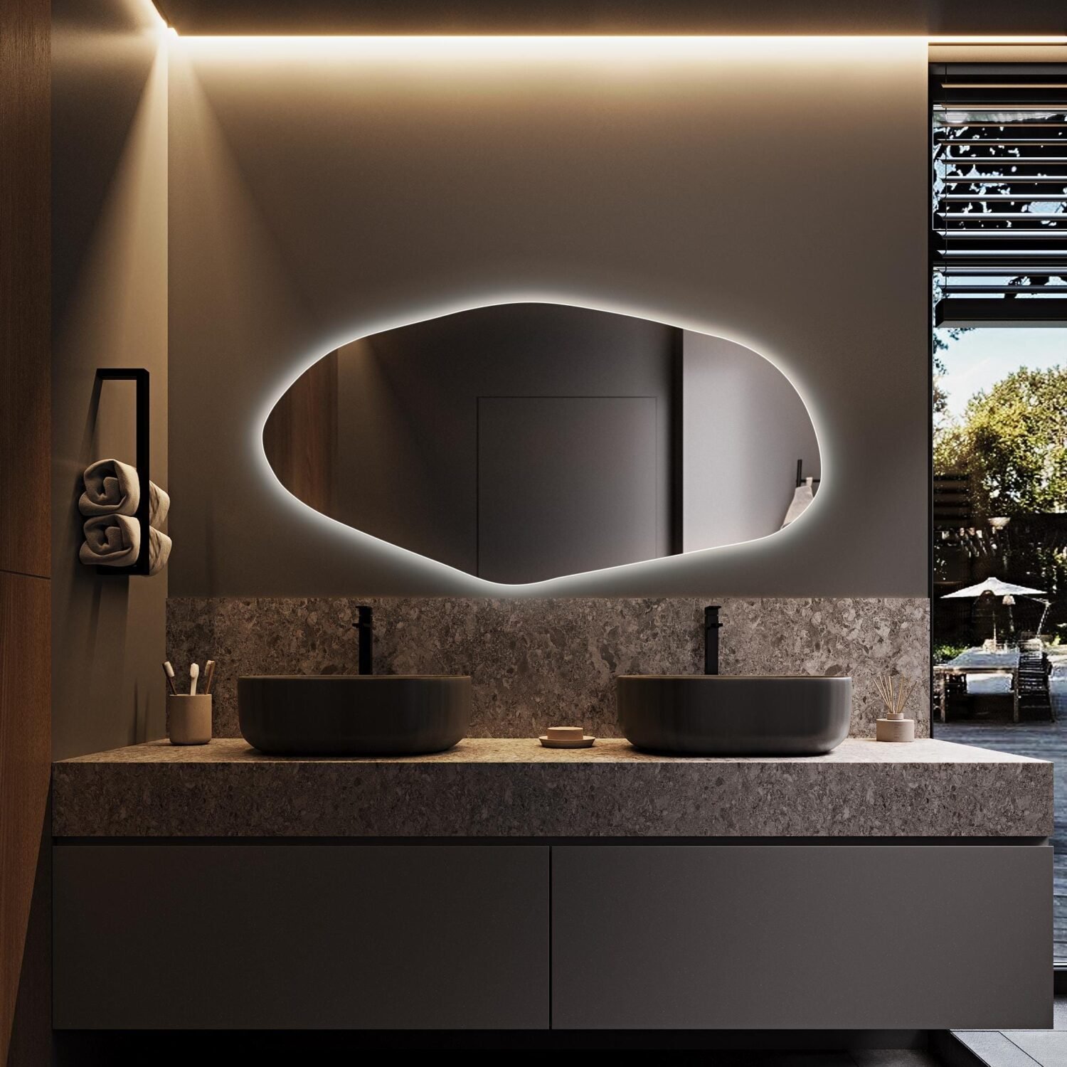 Asymmetrical Lighted Mirror, Irregular Mirror With Led Lights, Led Bathroom Mirror, Illuminated Vanity Mirror, Bedroom Large Wall Mirror