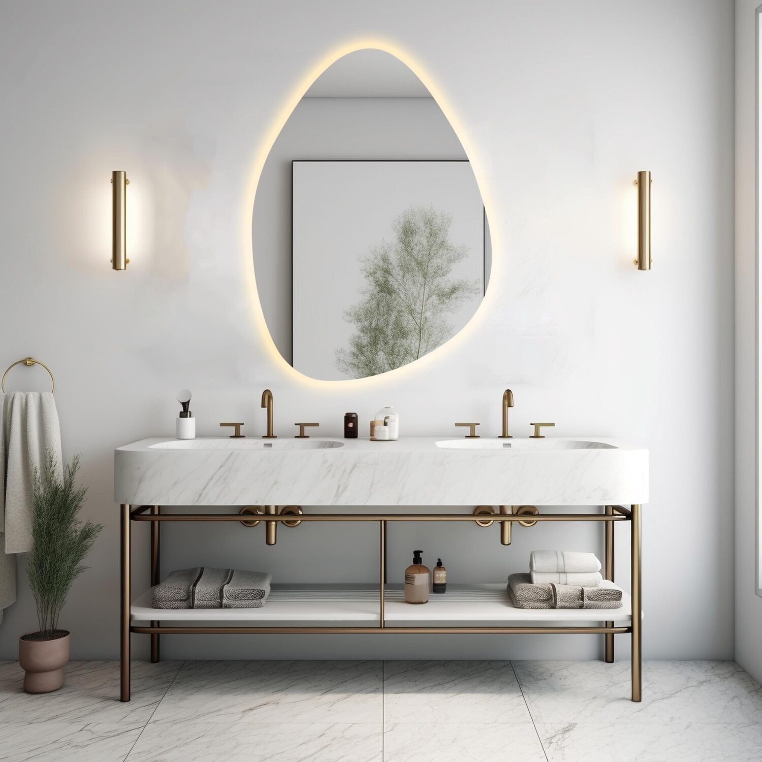 Asymmetrical LED Mirror, Modern Hanging Mirror for Bathroom, LED Illuminated Wall Mirror, Aesthetic Decorative Mirror, LED Bathroom Mirror