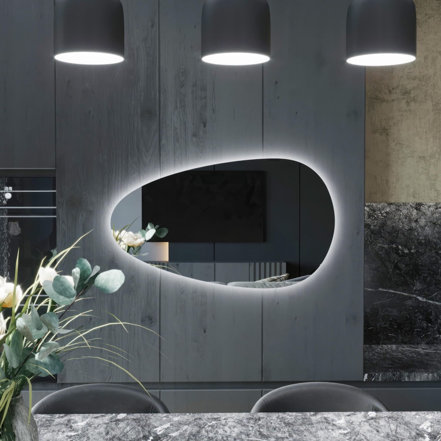 Asymmetrical,Bathroom, Washbasin Mirror, Led, Decorative Mirror, Led Mirror, Mirror,Touch Led , Touch Switch