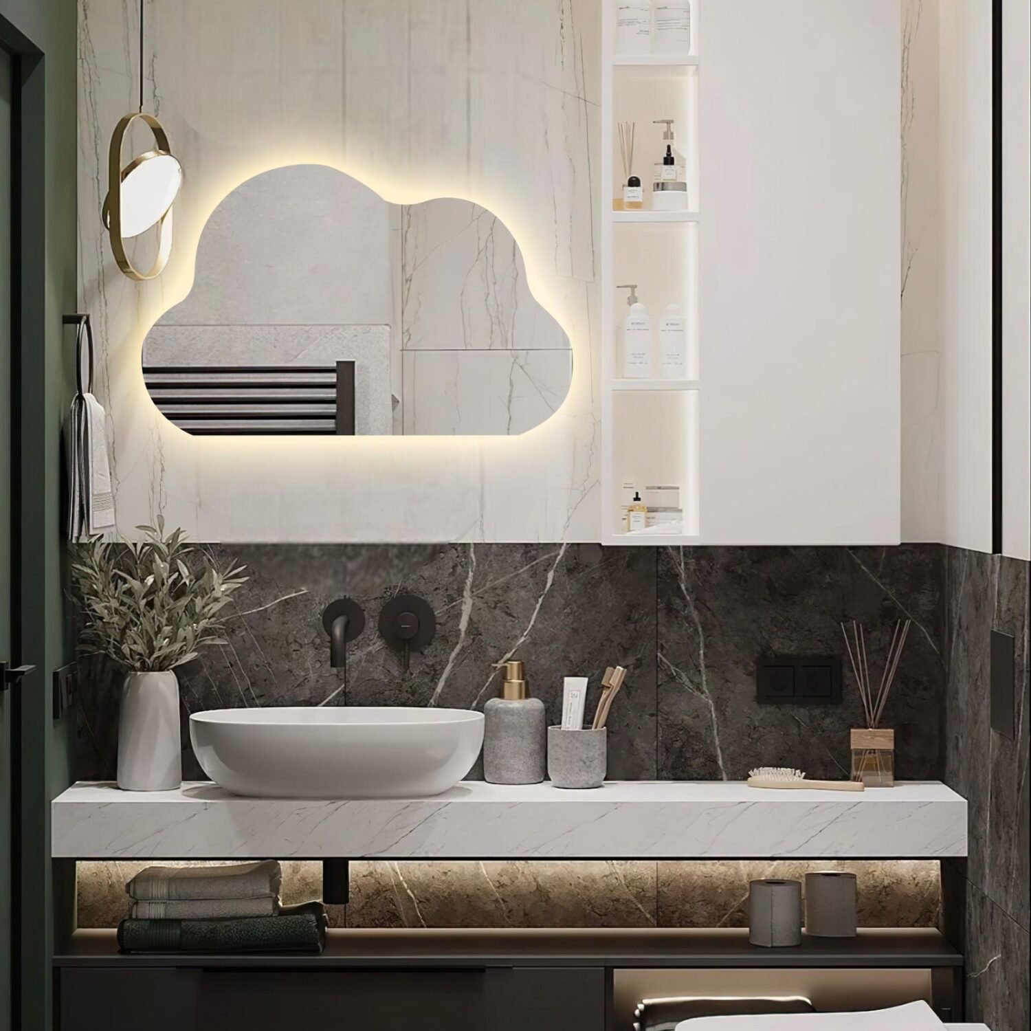 Cloud Shaped Asymmetrical Special Led Mirror, Illuminated Modern Bathroom Mirror, Living Room Design, Aesthetic Entrance Mirror, Home Decor