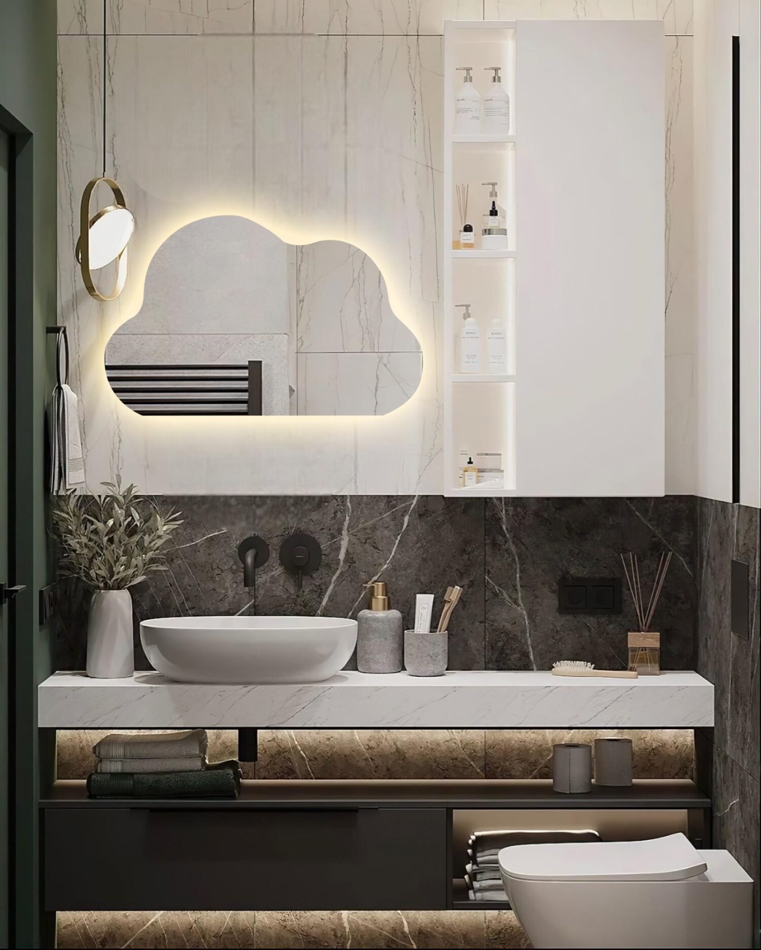 Cloud Shaped Asymmetrical Special Led Mirror, Illuminated Modern Bathroom Mirror, Living Room Design, Aesthetic Entrance Mirror, Home Decor