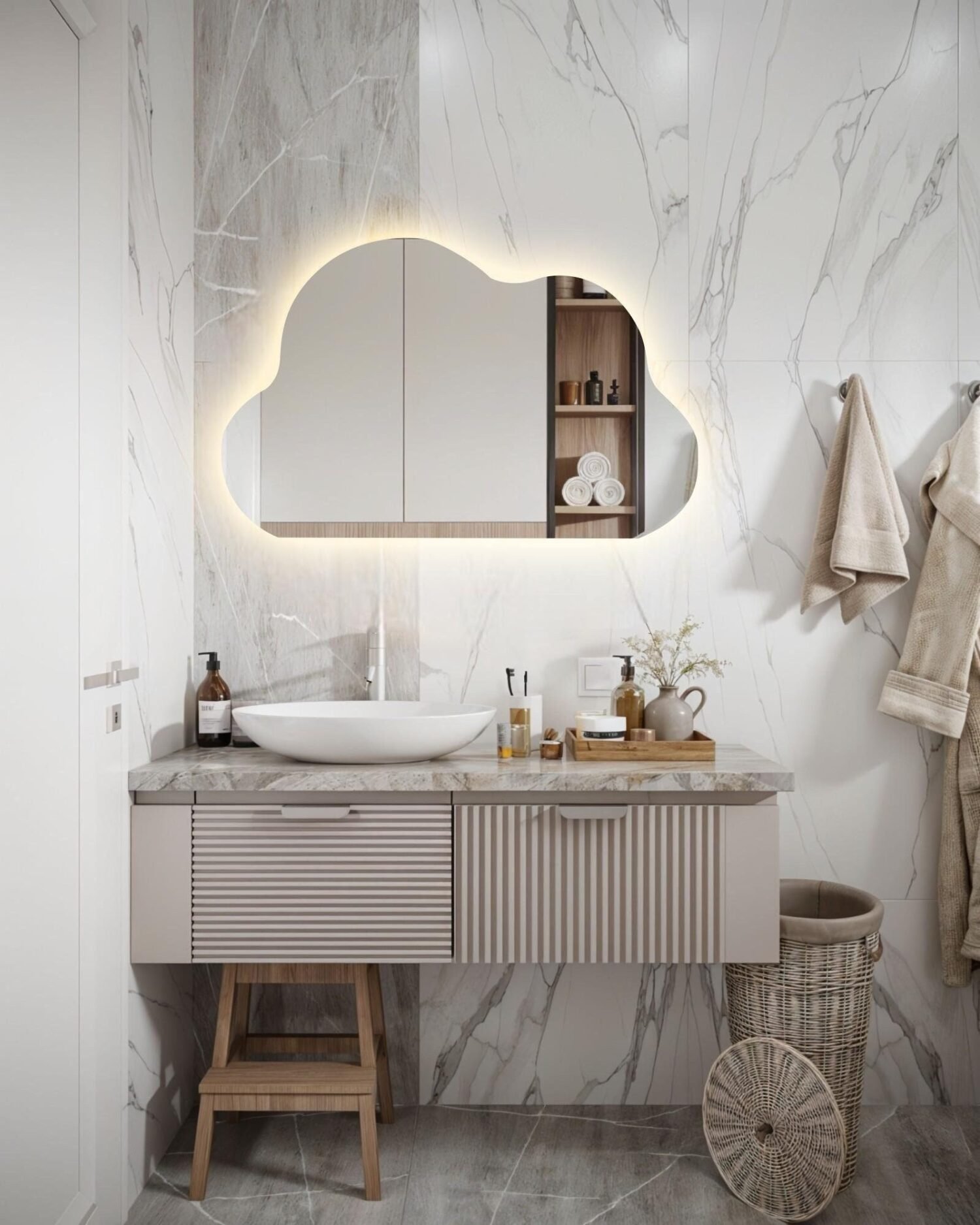 Cloud Shaped Asymmetrical Special Led Mirror, Illuminated Modern Bathroom Mirror, Living Room Design, Aesthetic Entrance Mirror, Home Decor