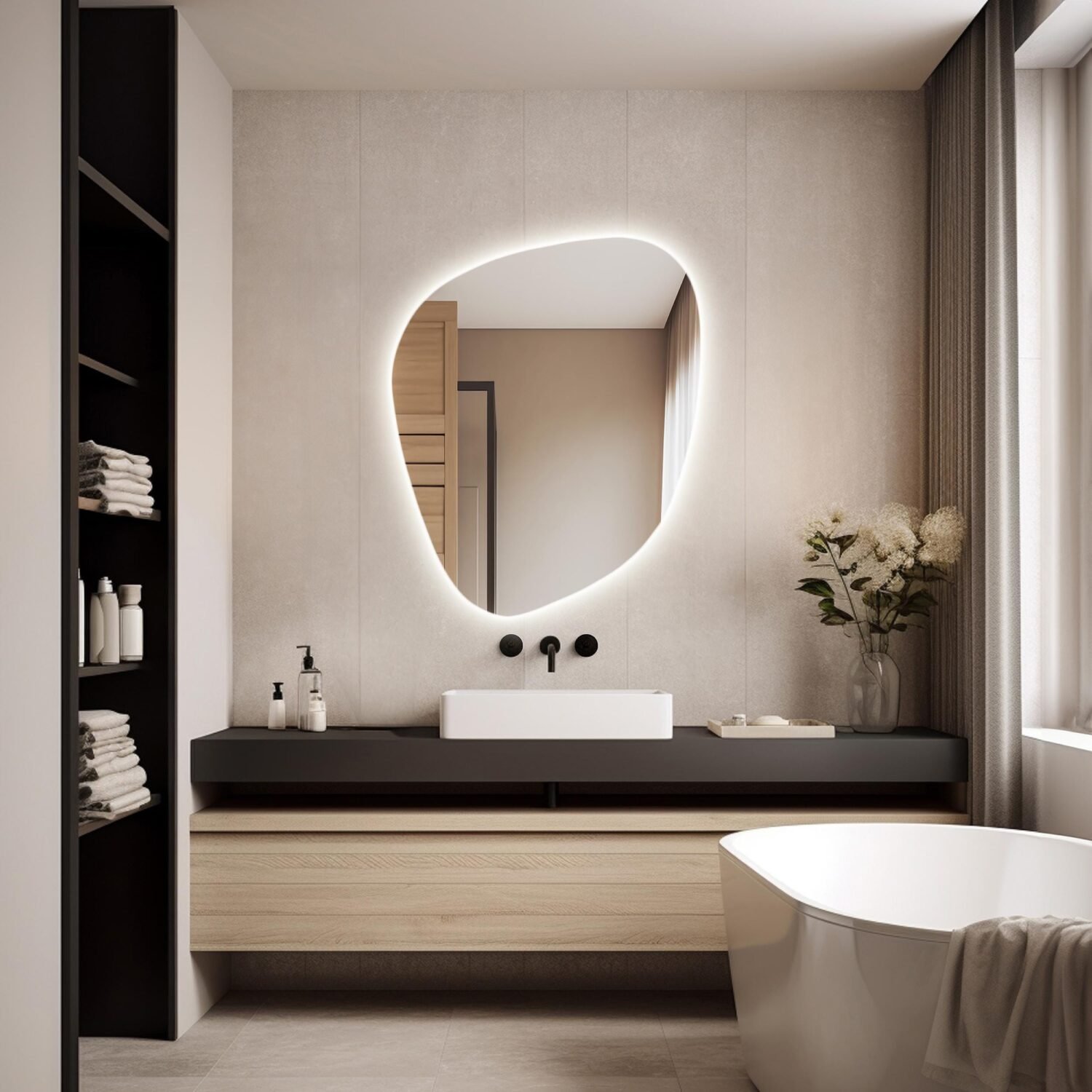Designer Asymmetrical LED Mirror, Modern Bathroom Vanity Mirror with Lights