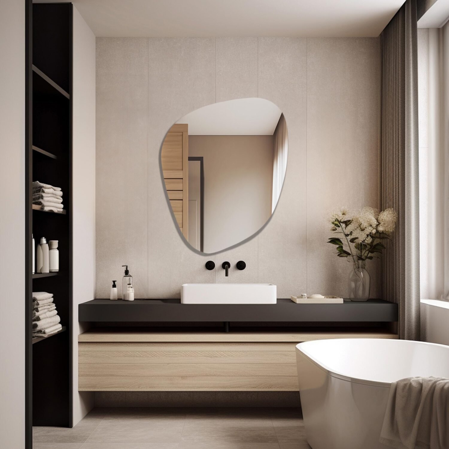 Designer Asymmetrical LED Mirror, Modern Bathroom Vanity Mirror with Lights