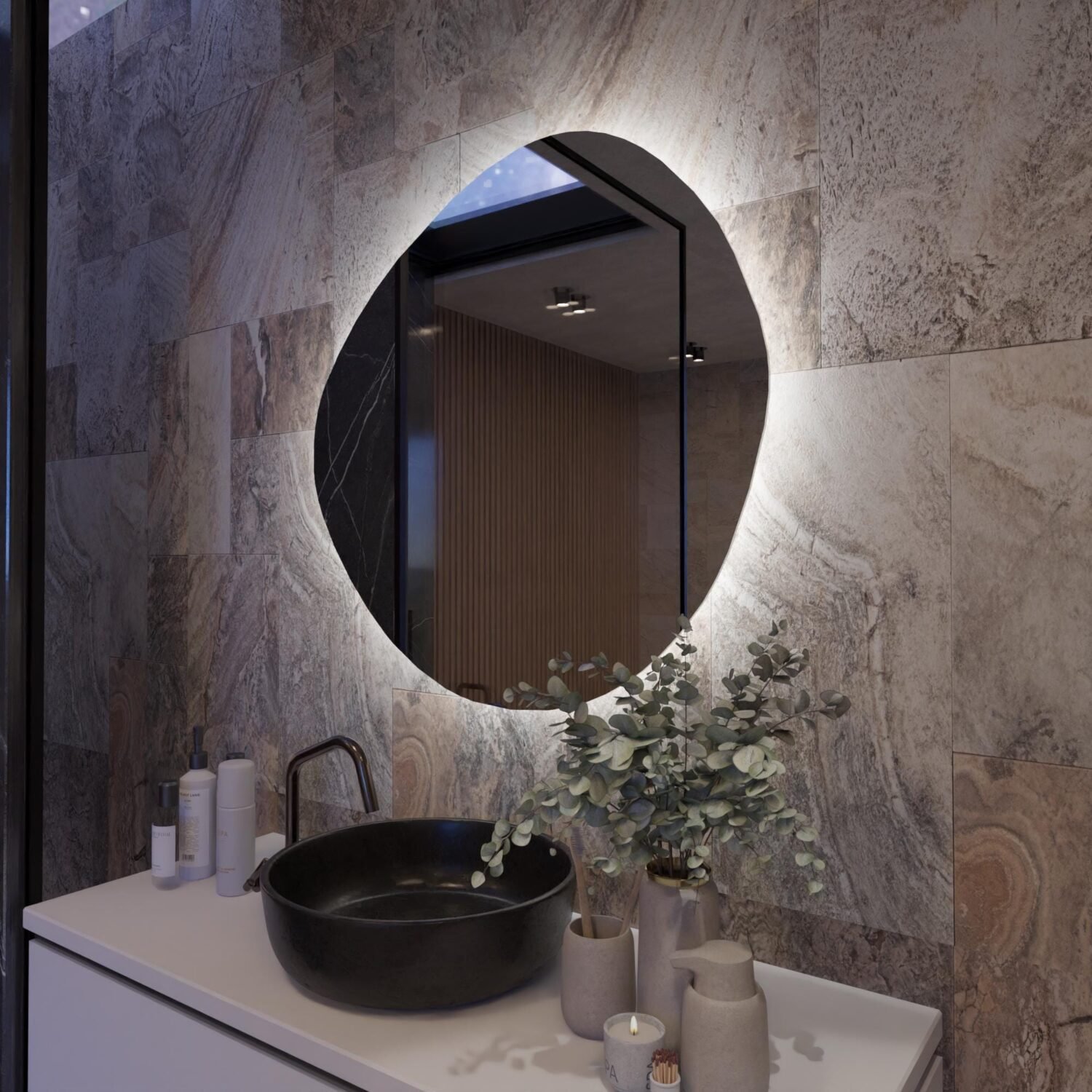 Elara , Asymmetrical , Irregular ,Bathroom, Washbasin Mirror, Led, Decorative Mirror, Led Mirror, Mirror,Touch Led , Touch Switch