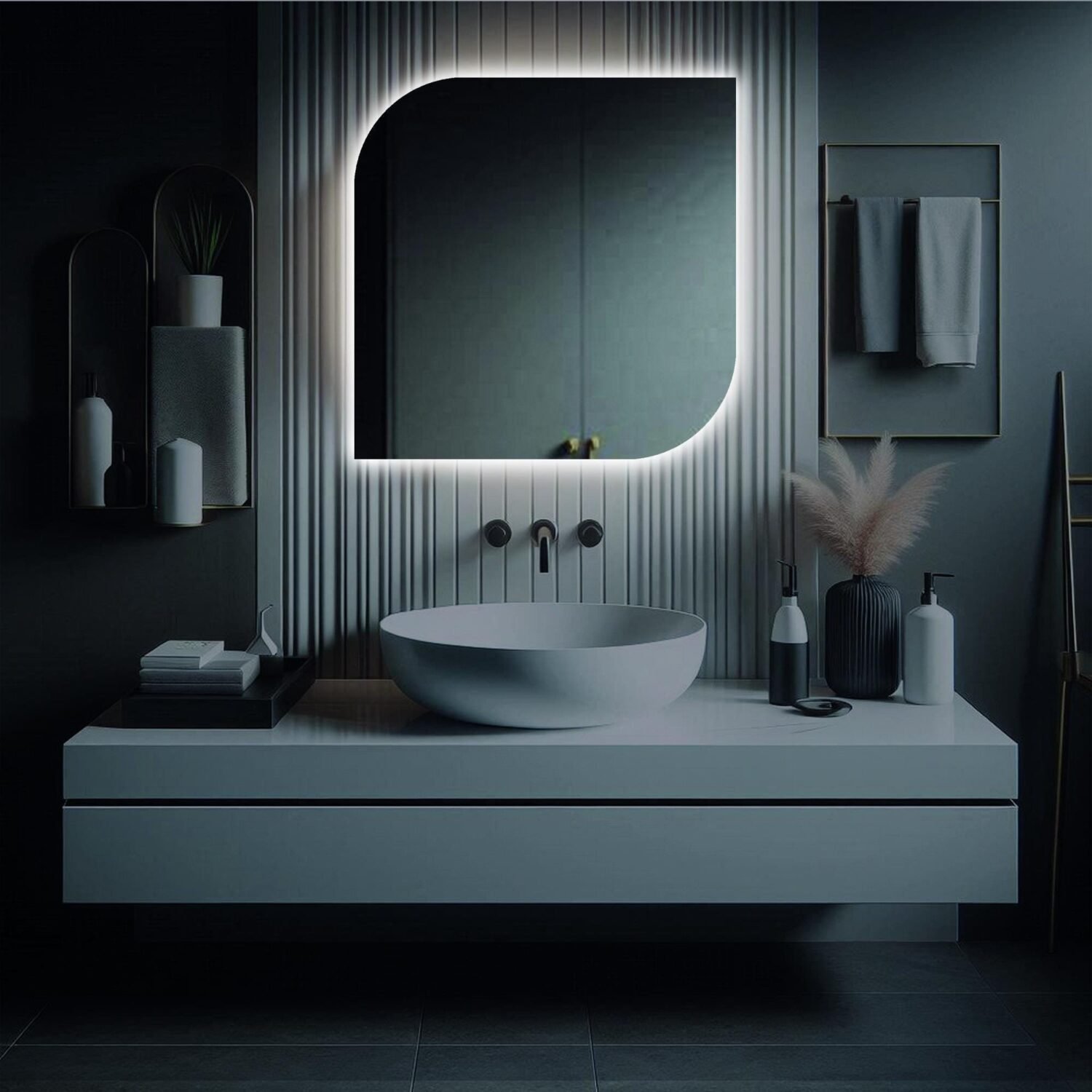Modern Curved Corner Square LED Mirror - Stylish Backlit Wall Mirror for Bathroom, Bedroom, Vanity - Unique Frameless Mirror with Soft Glow