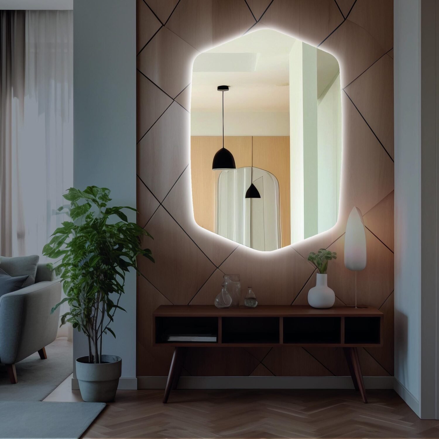 Hexagonal LED Mirror - Modern Backlit Wall Mirror for Bathroom, Bedroom, Vanity - Unique Geometric Frameless Mirror - Stylish Design Decor SemirrorLed