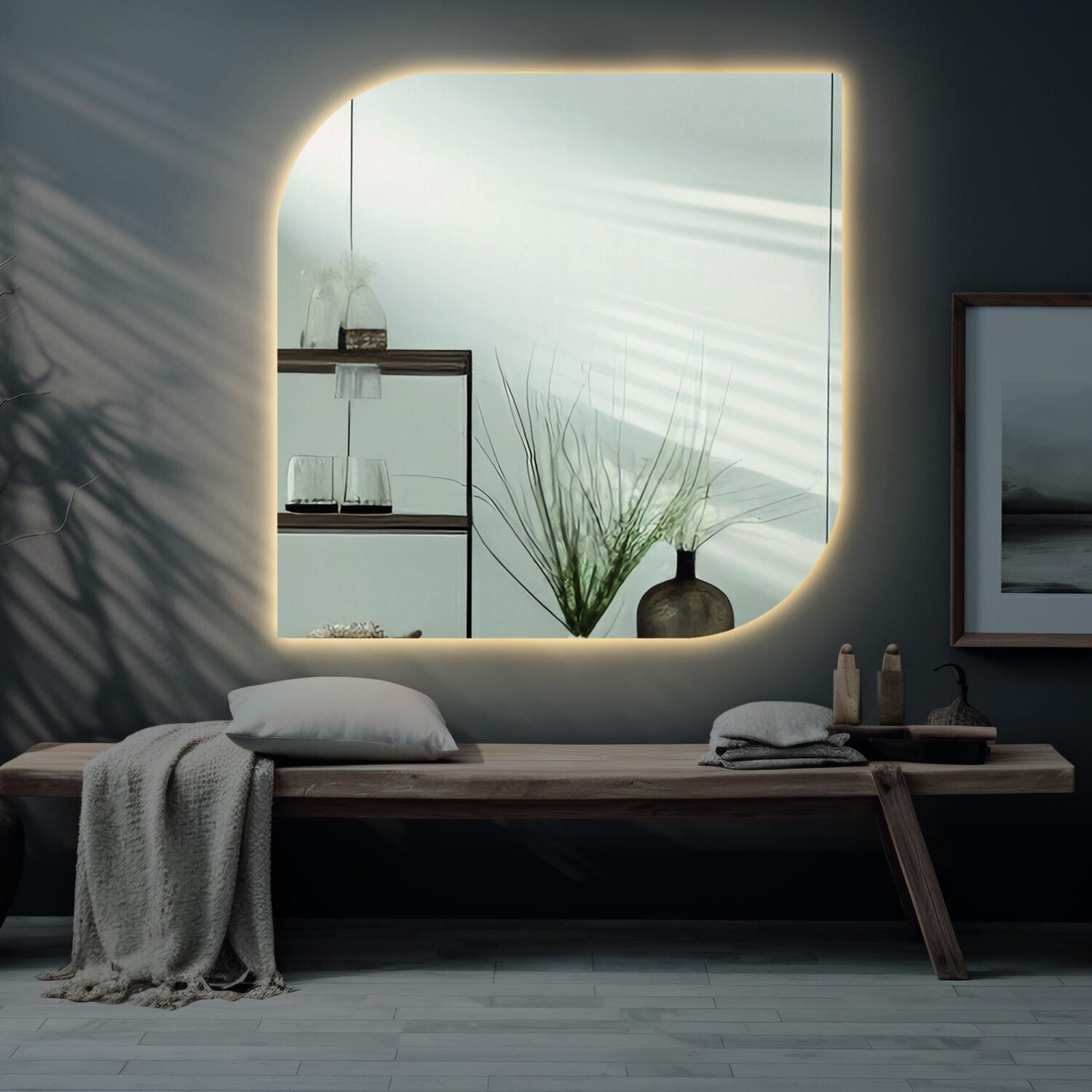 Modern Curved Corner Square LED Mirror - Stylish Backlit Wall Mirror for Bathroom, Bedroom, Vanity - Unique Frameless Mirror with Soft Glow