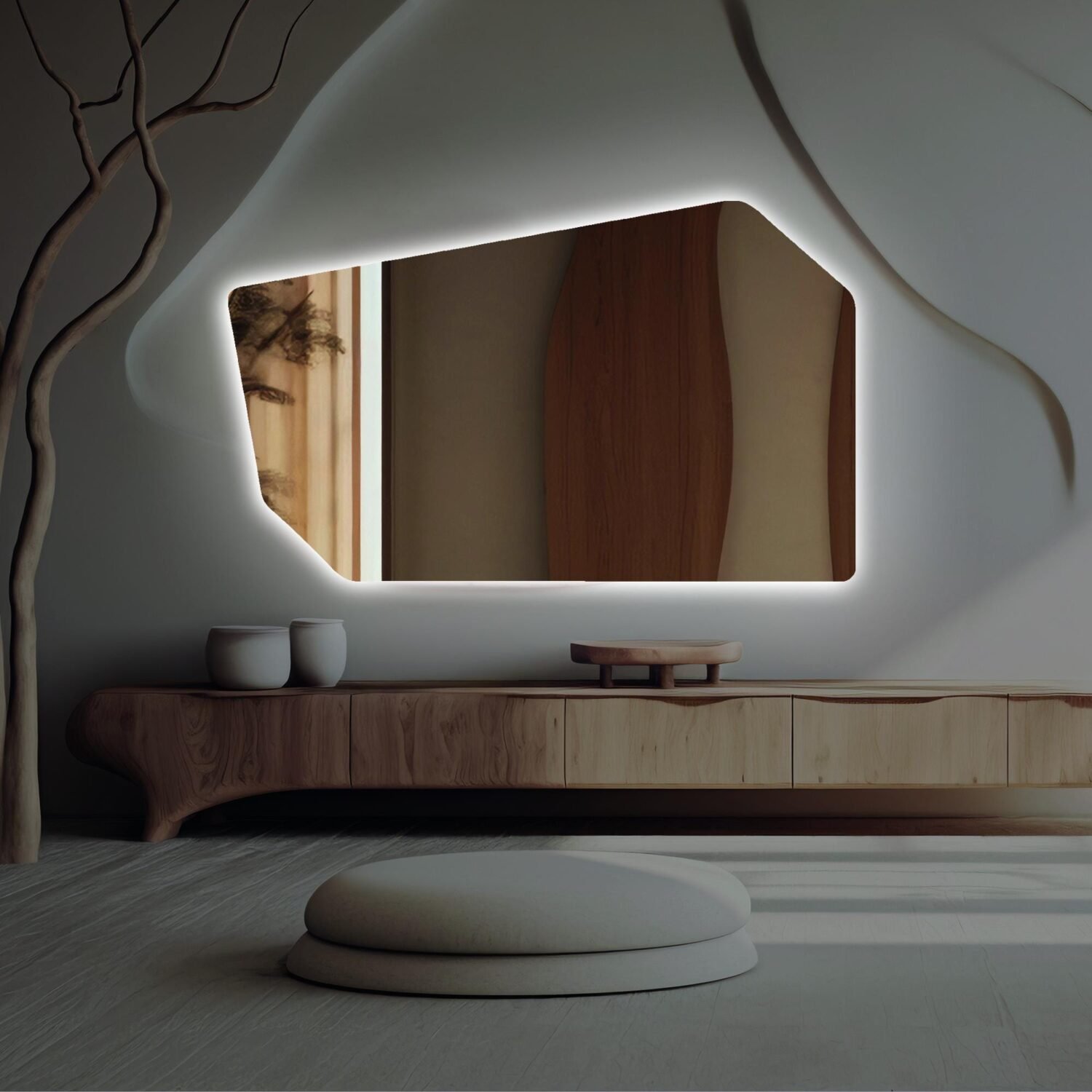 Asymmetrical Irregular Shaped LED Mirror - Tall Big Huge Modern Backlit Wall Mirror Bathroom, Bedroom, Hallway - Unique Curved Vanity Mirror SemirrorLed